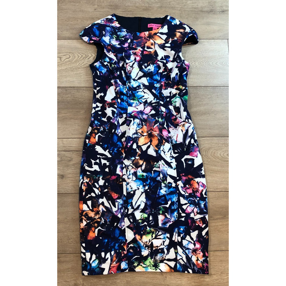 BETSEY‎ JOHNSON Multi Floral Cap Puff Sleeve Pencil Sheath Midi Dress SZ 2 - Picture 1 of 6